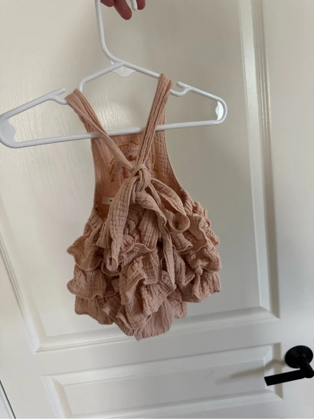 Peach Ruffle Baby Romper with Rainbow Embroidery